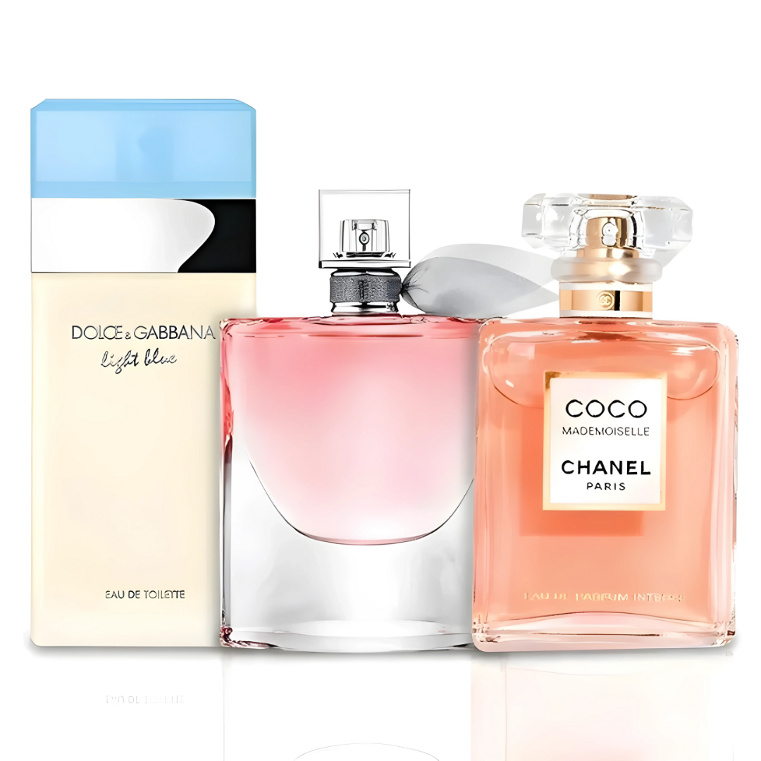 Coffret de 3 parfums féminins – La Vie Est Belle de Lancôme, Mademoiselle de Chanel et Light Blue de Dolce & Gabbana