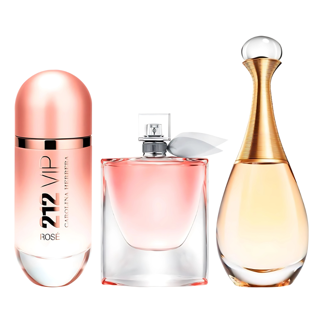 Coffret de 3 parfums pour femmes – 212 VIP Rosé, La Vie est Belle et J’adore