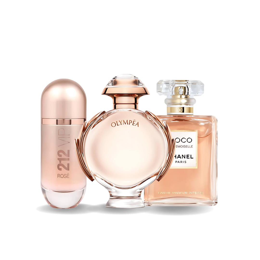 Coffret de 3 parfums féminins – 212 VIP Rosé de Carolina Herrera, Olympéa de Paco Rabanne et Coco Mademoiselle de Chanel